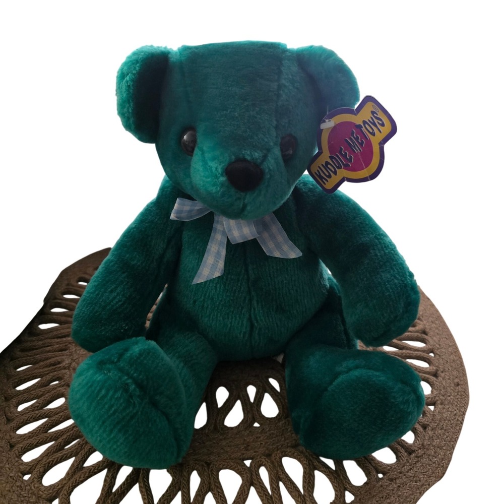 Vtg 1999 Kuddle Me Toys Teal Green Teddy Bear Plush Blue Gingham Bow 9.5 inch